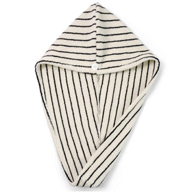 Jacquotha front view of black and white striped hair towel showing neat styling and convenience