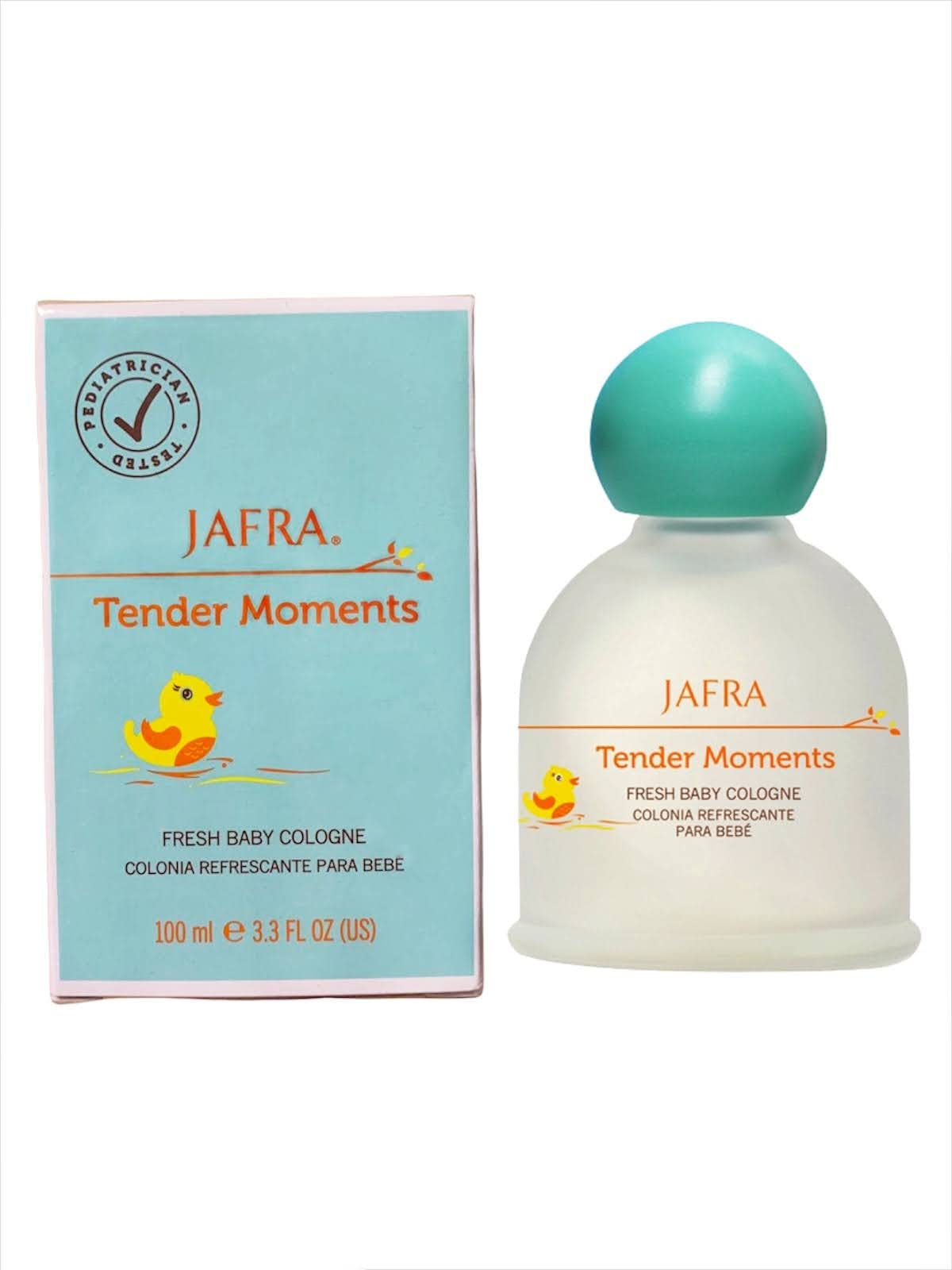 JAFRA tender moments bottle next to measuring cup showing 3.3 fl oz scale