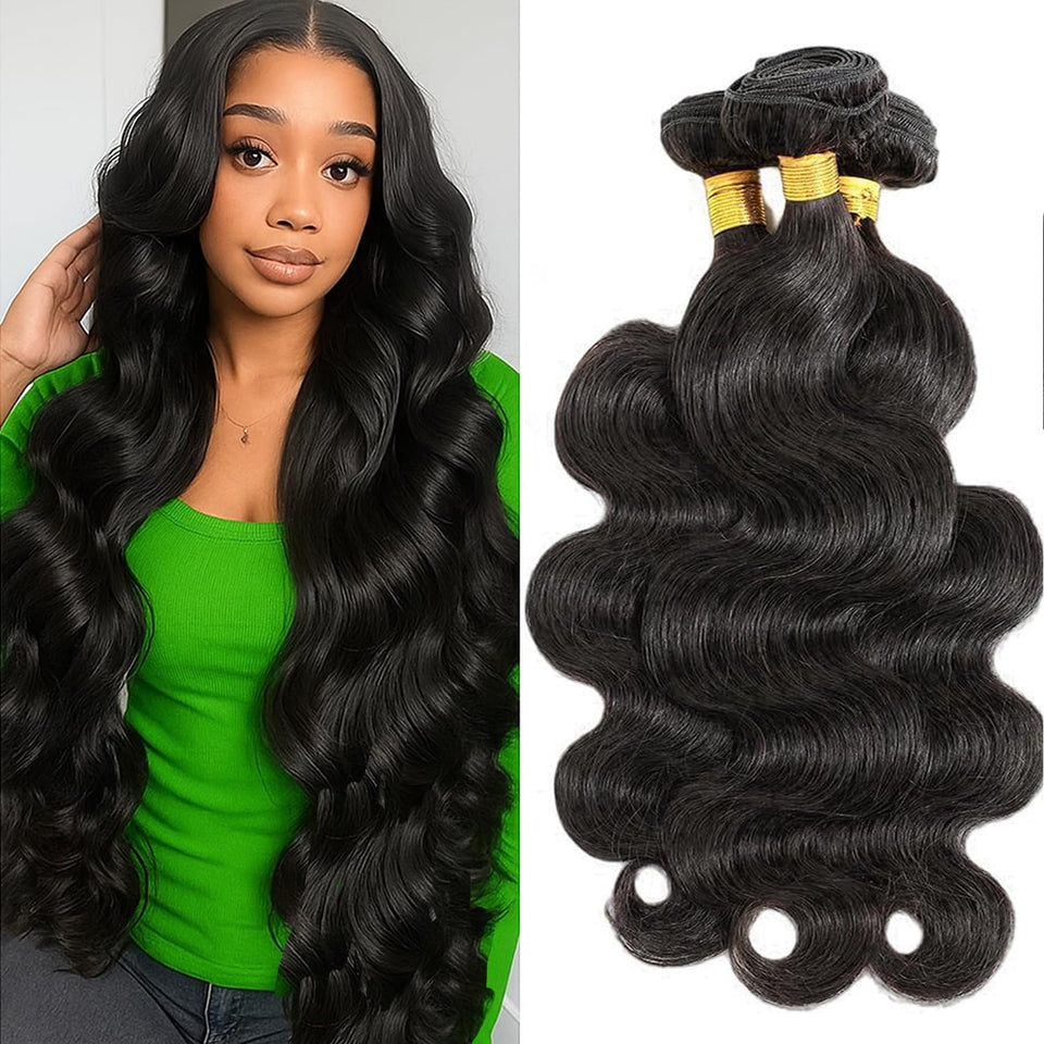 Jaliyah front view of three body wave bundles showing natural black and volume benefit