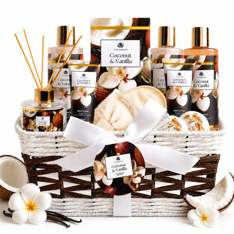 Jane & Bloom front packaging in woven basket showing complete gift set benefit