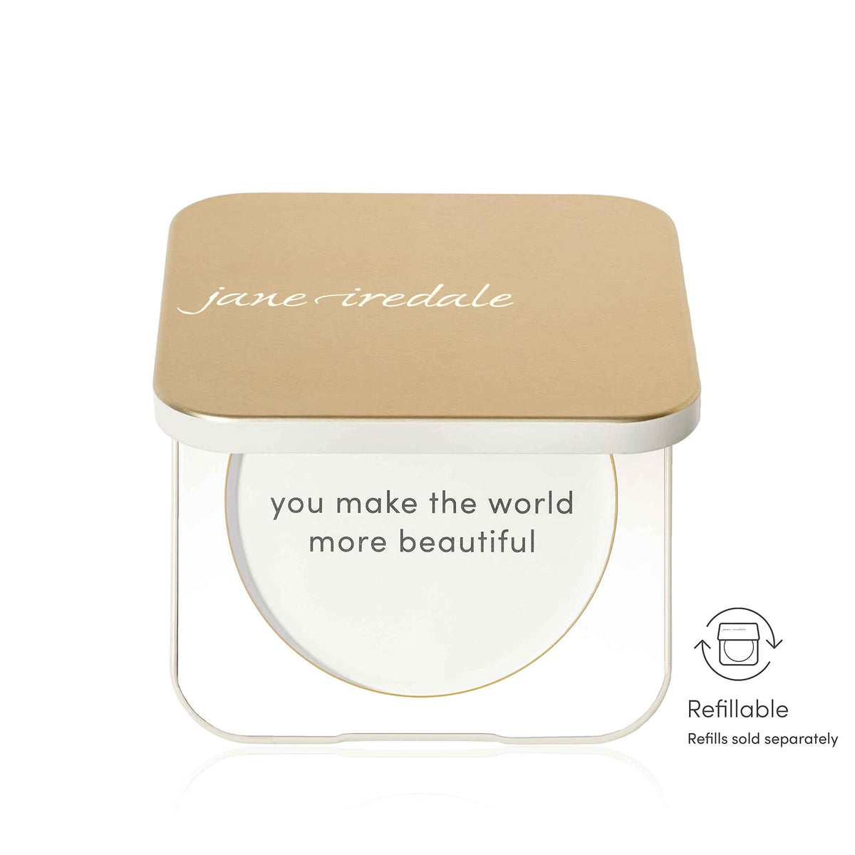 jane iredale compact open with mirror and powder refill visible for quick on-the-go touch-ups