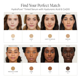 jane iredale swatches of HydroPure tinted serum on skin showing shade range and blendability
