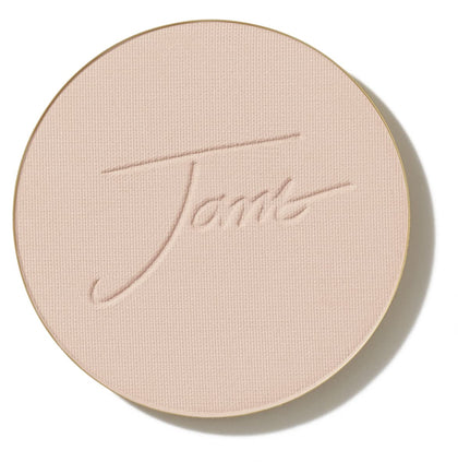 jane iredale front view of light beige refill pan showing smooth pressed surface and benefit: even coverage