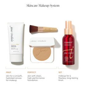 jane iredale primer on vanity with brushes showing a radiant routine