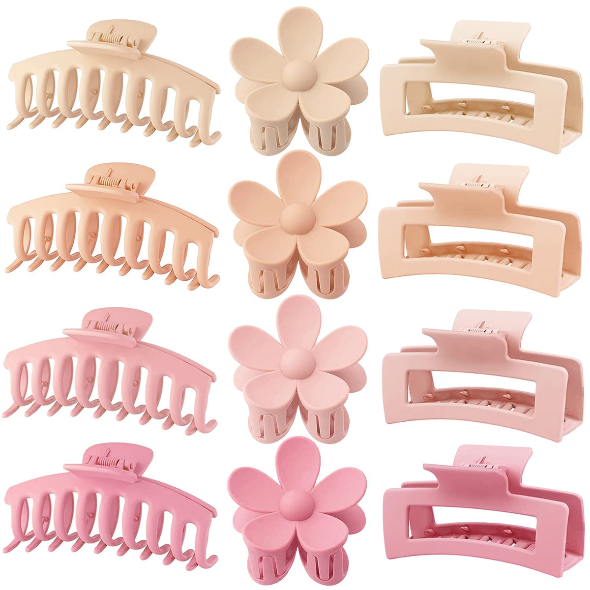 JANFUN front view of 12-pack hair claw clips showing color mix and styles, convenient set