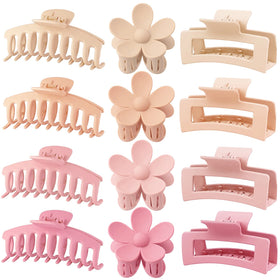 JANFUN front view of 12-pack hair claw clips showing color mix and styles, convenient set
