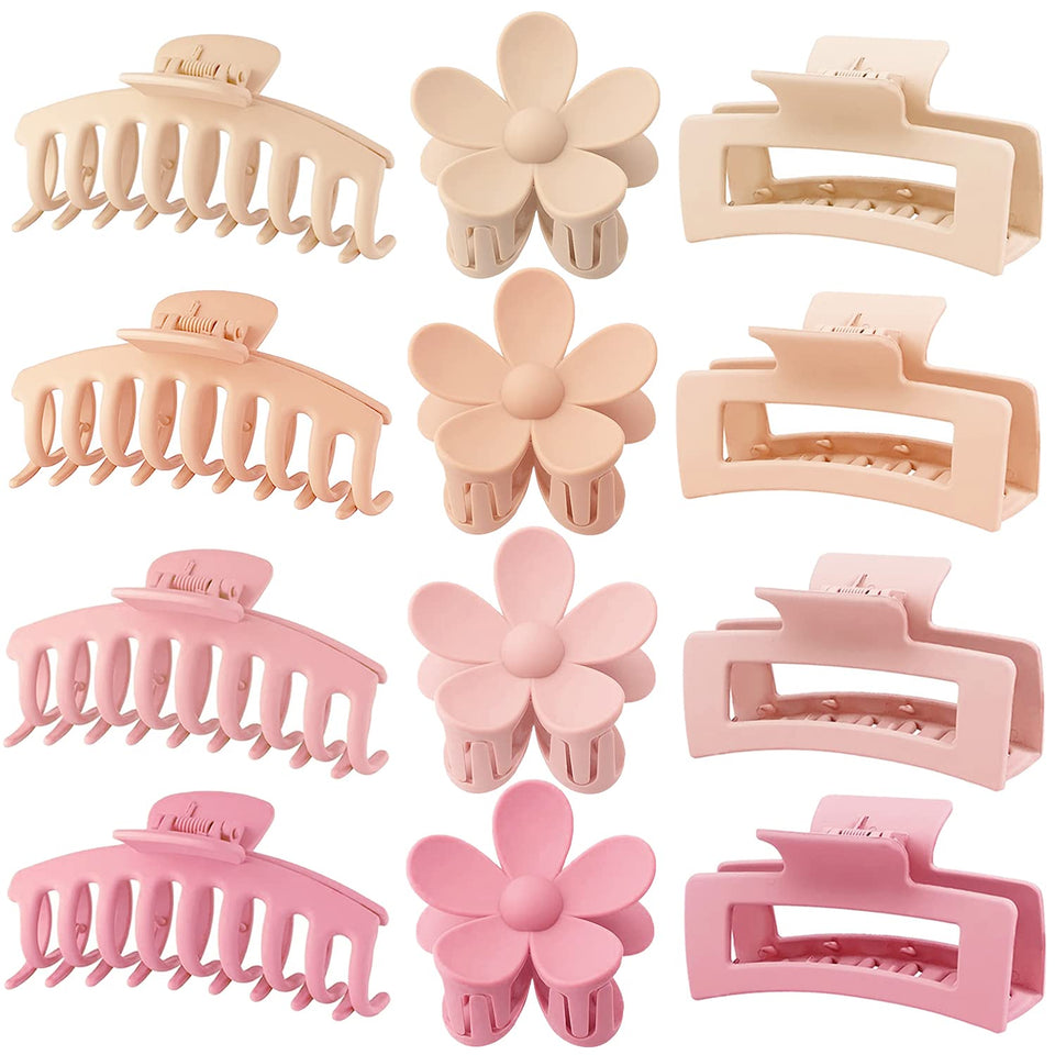 JANFUN front view of 12-pack hair claw clips showing color mix and styles, convenient set