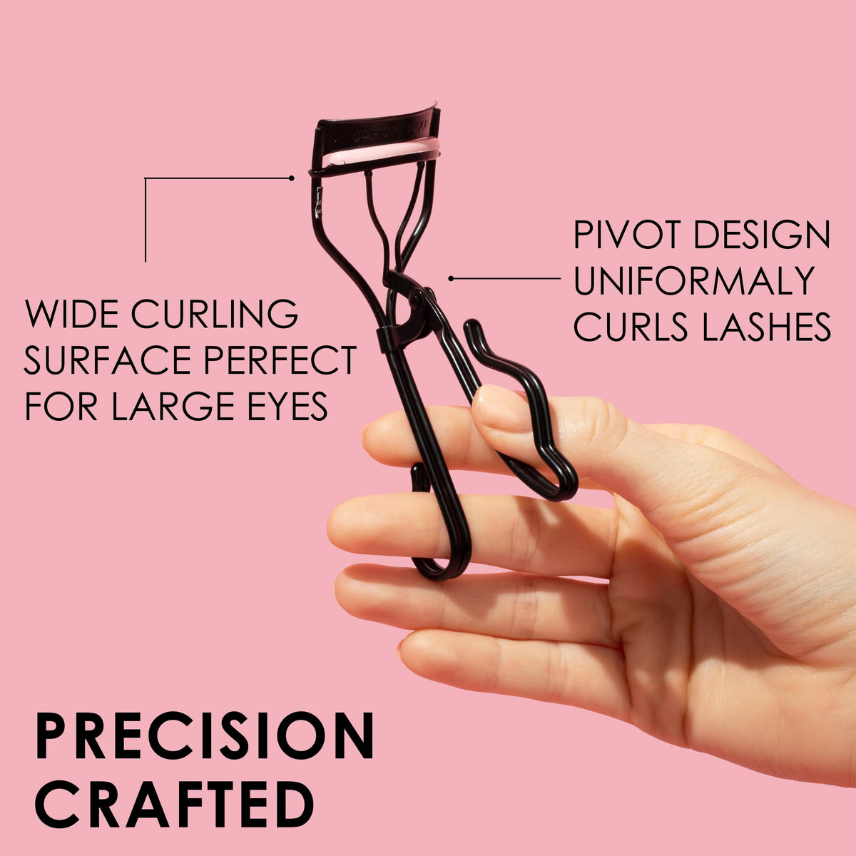 JAPONESQUE curler shown lifting false lashes to demonstrate safe, gentle shaping