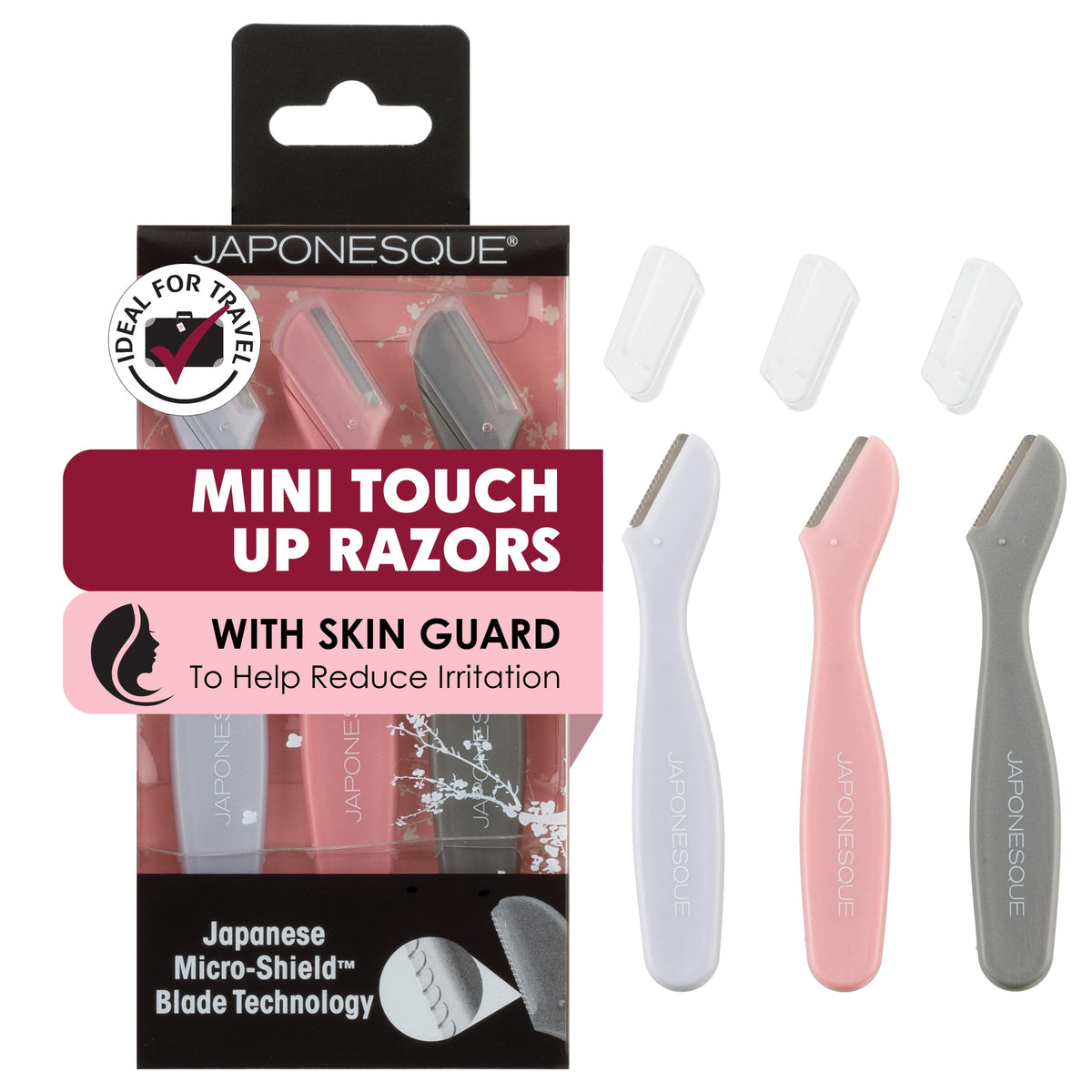 JAPONESQUE front packaging showing three travel razors and kit convenience