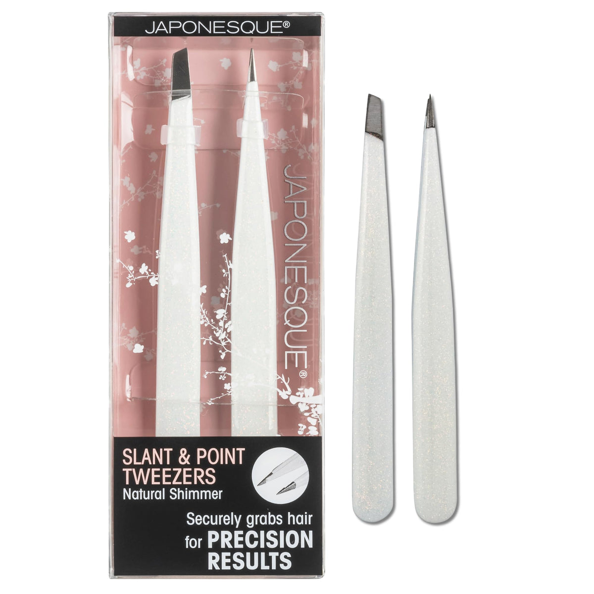 JAPONESQUE front view of shimmery tweezer set showing sleek finish and professional look