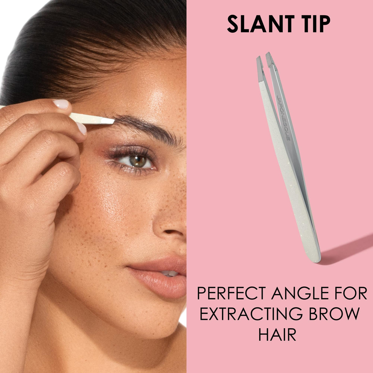 JAPONESQUE tweezers on a vanity in a lifestyle scene adding elegance to grooming routine