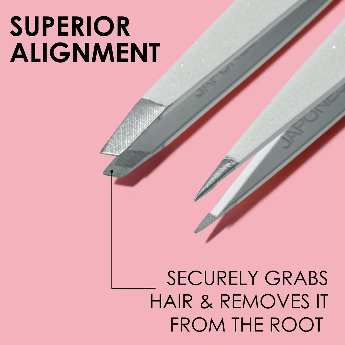 JAPONESQUE tweezers beside a ruler showing scale for accurate, controlled plucking