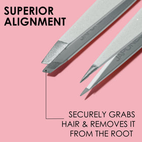 JAPONESQUE tweezers beside a ruler showing scale for accurate, controlled plucking
