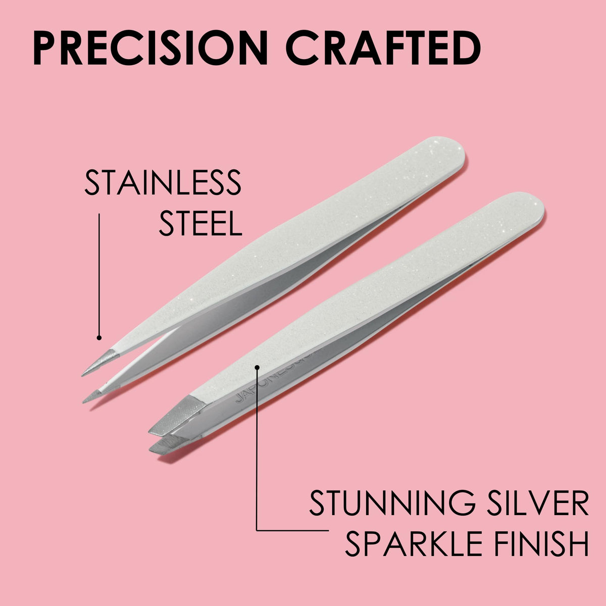 JAPONESQUE tweezer held in hand demonstrating ergonomic grip and targeted control