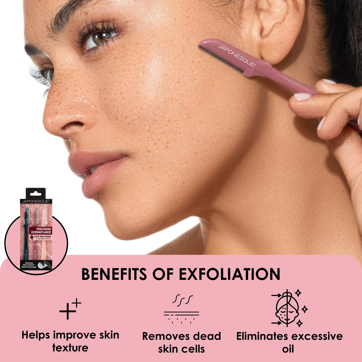 JAPONESQUE dermaplaner used on upper lip demonstrating safe, gentle hair removal