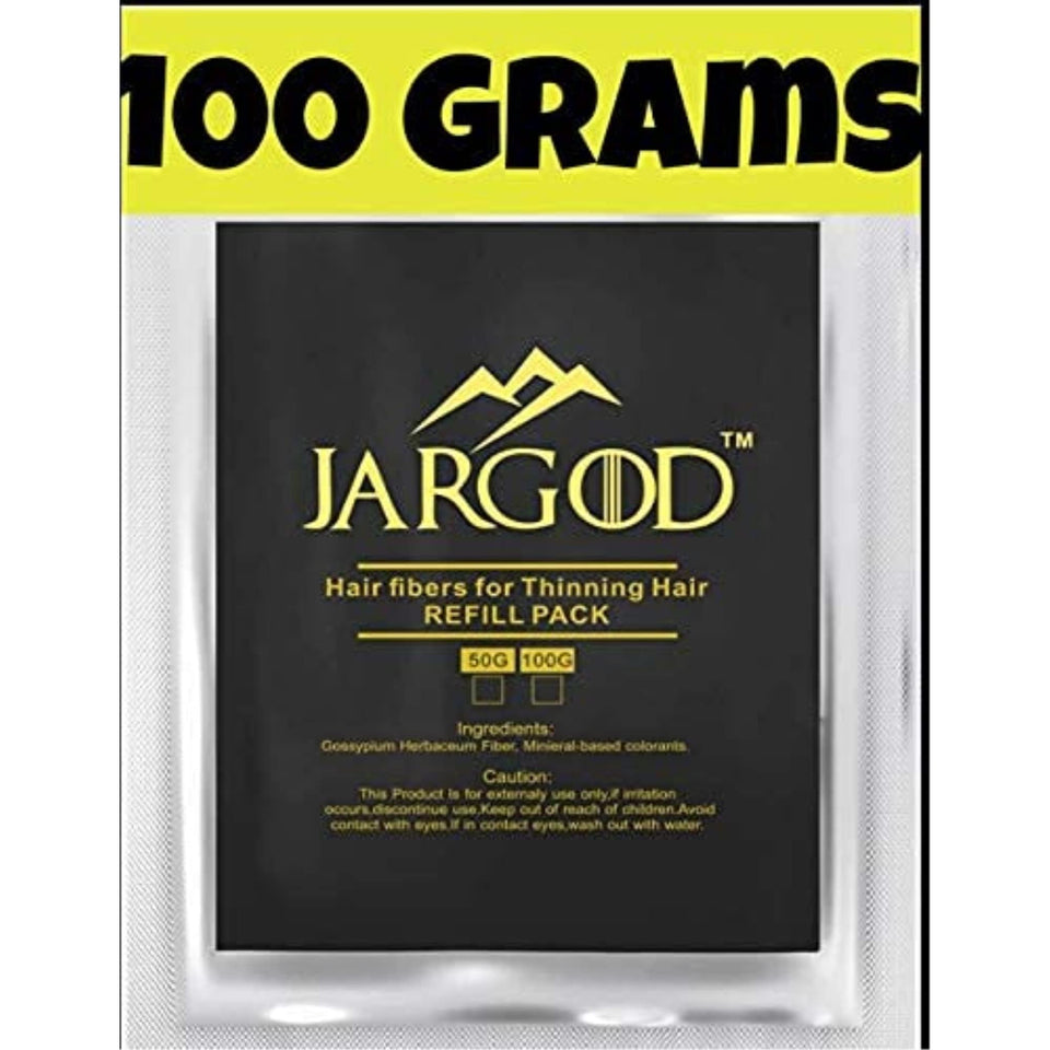 JARGOD refill pouch front view showing 100g black fibers, convenient cost-saving refill