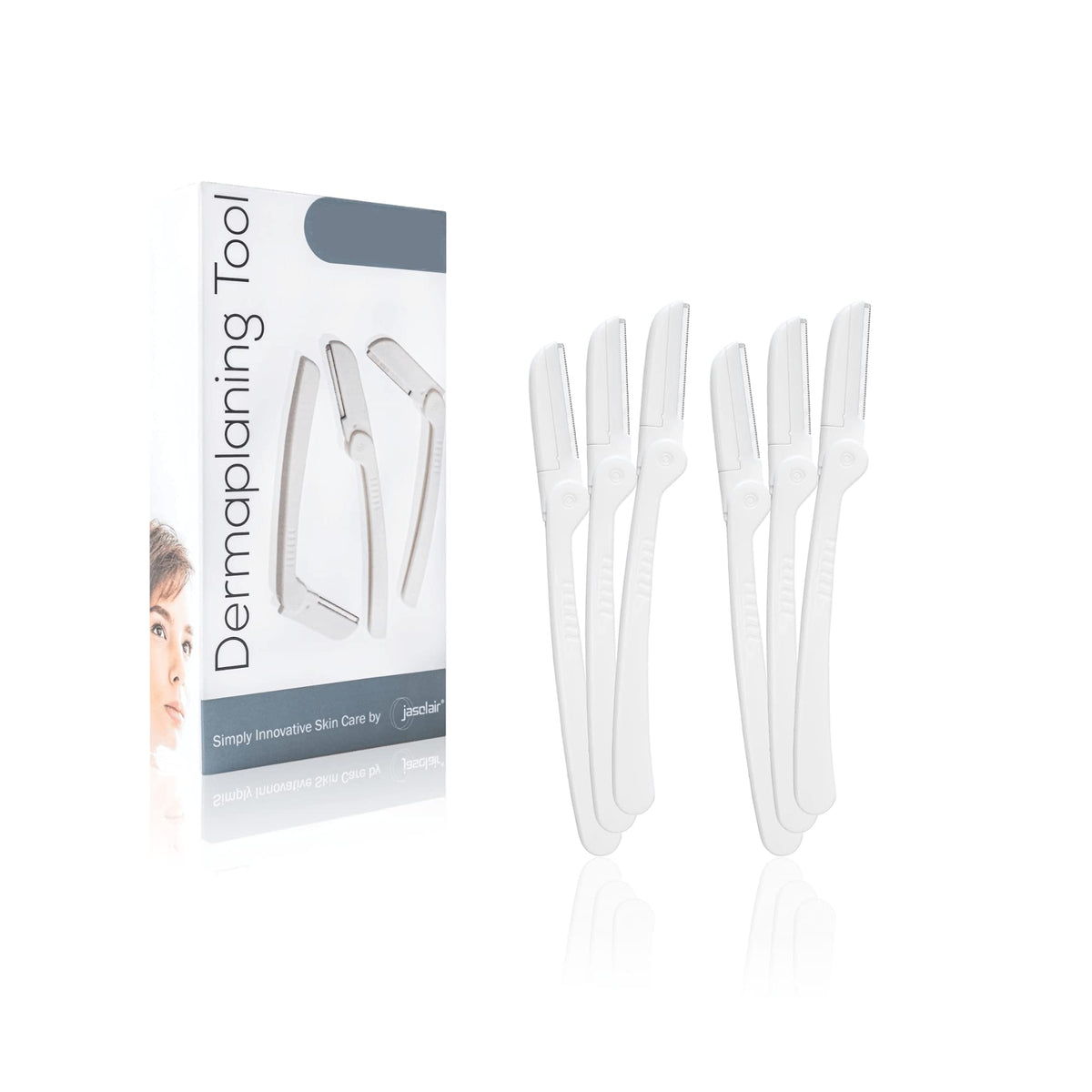 jasclair front packaging showing six razors and brand for convenient at-home dermaplaning