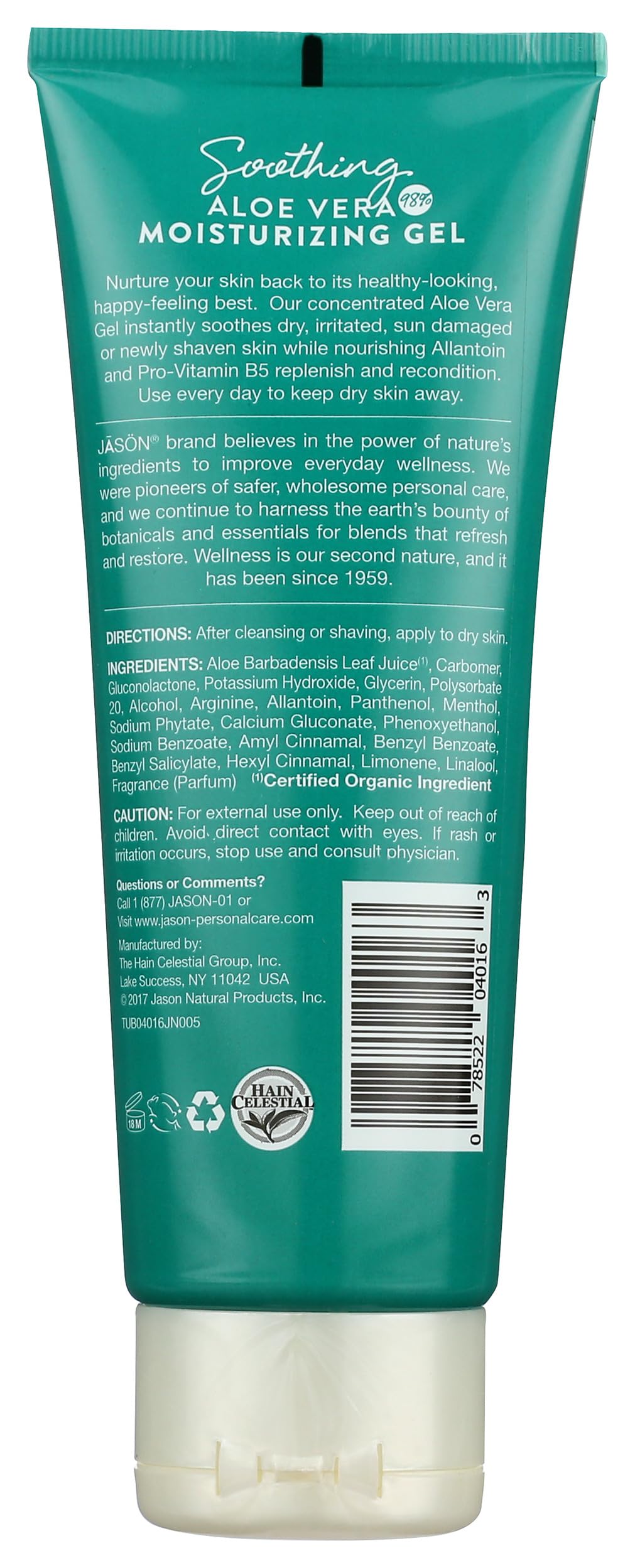 Jason aloe gel tube cap and label close-up highlighting ingredient purity and certifications
