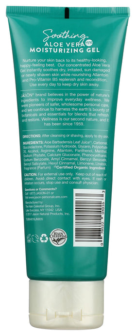 Jason aloe gel tube cap and label close-up highlighting ingredient purity and certifications