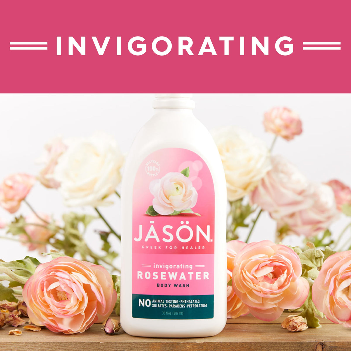 JASON in shower setting conveying invigorating rosewater refresh