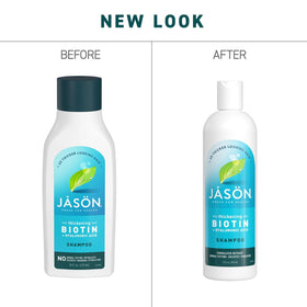 JASON Thickening Biotin Shampoo staged in bathroom to show routine use and added hair volume