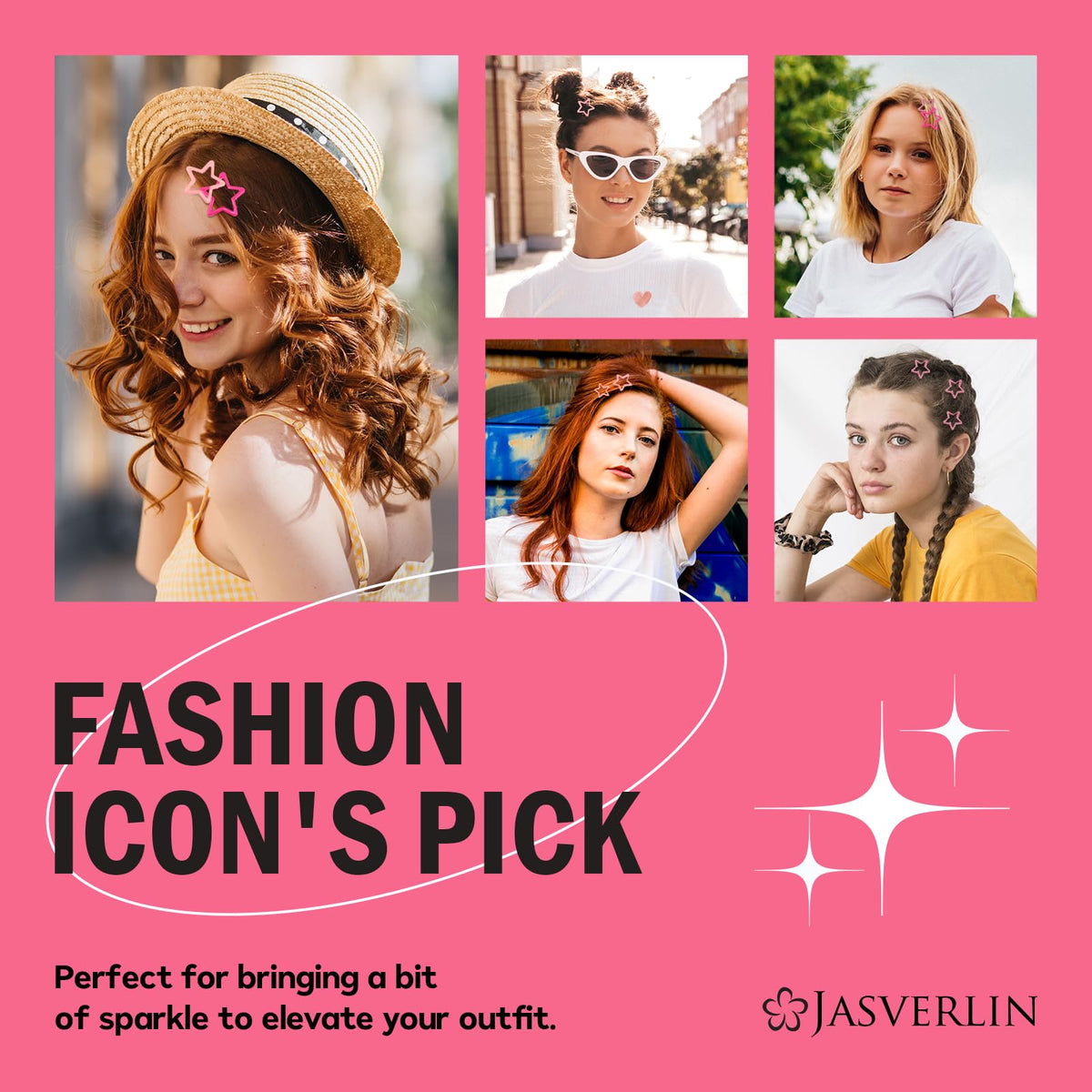 JASVERLIN star clips worn in hair demonstrating secure hold and retro style