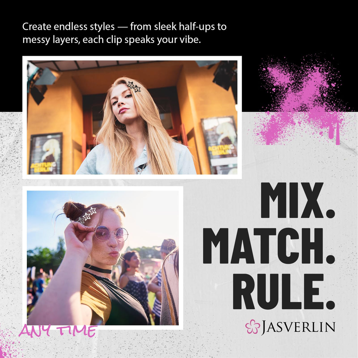 JASVERLIN clips secured in hair demonstrating secure hold and decorative Y2K style