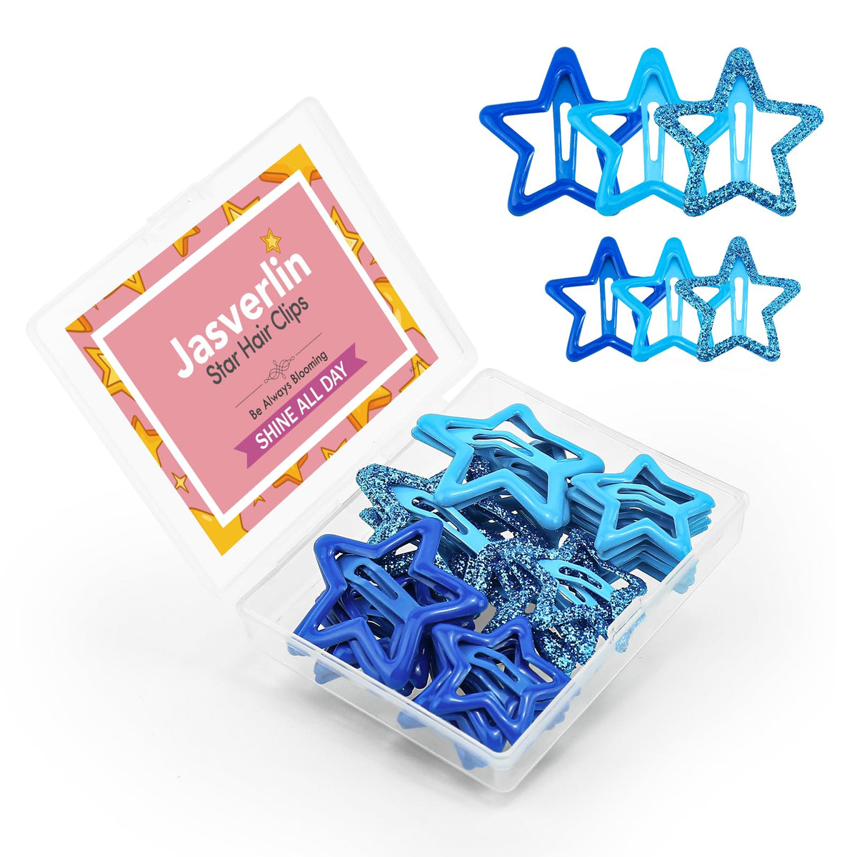 JASVERLIN front packaging of 36 blue star hair clips, attractive set display