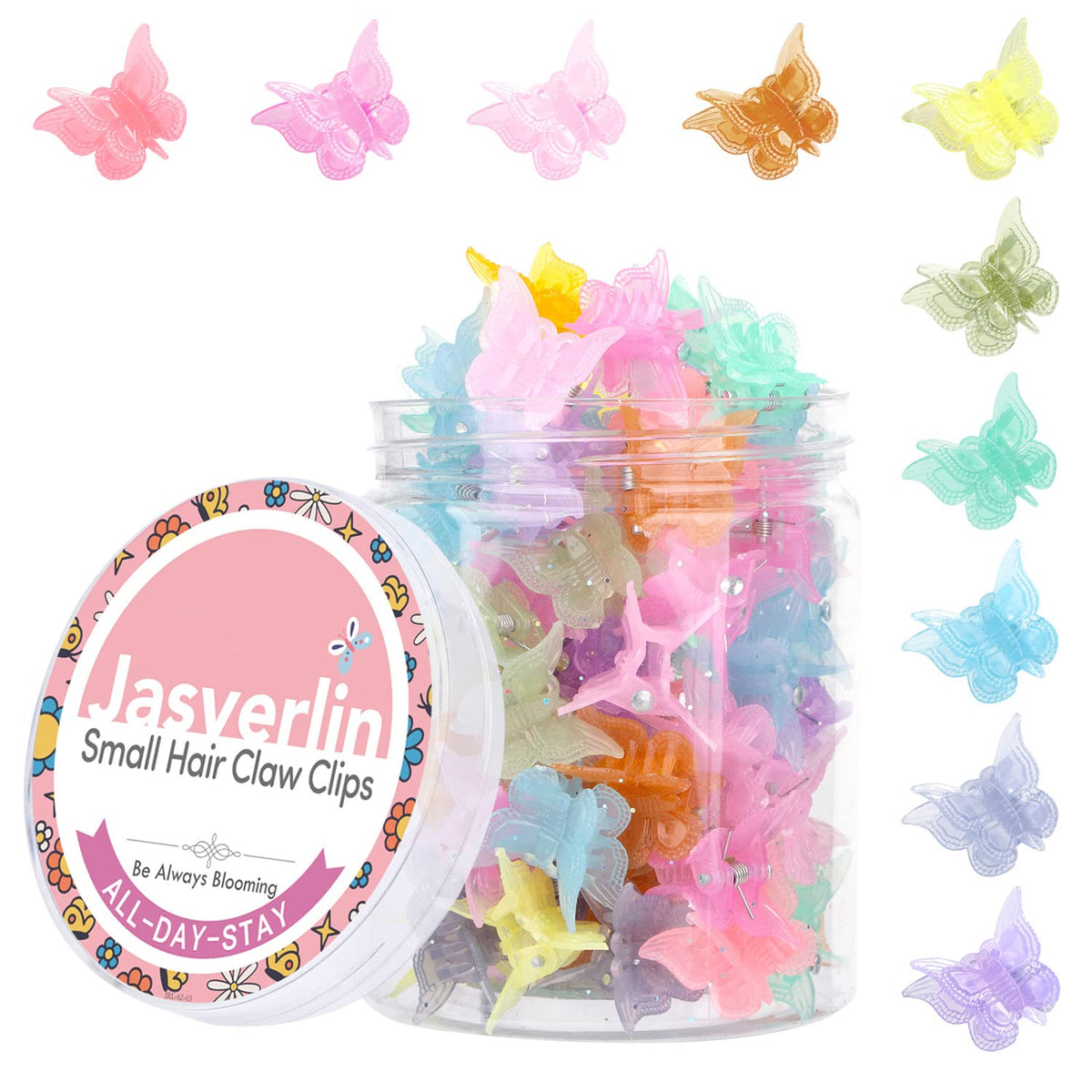JASVERLIN front packaging showing colorful 50-piece clip set and jelly finish benefit