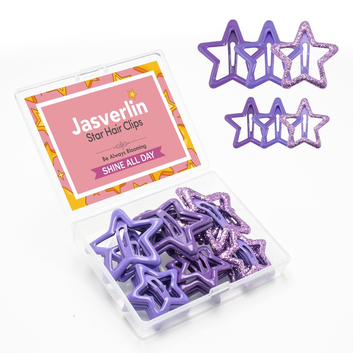 JASVERLIN front pack of purple star clips showing colorful variety and convenience