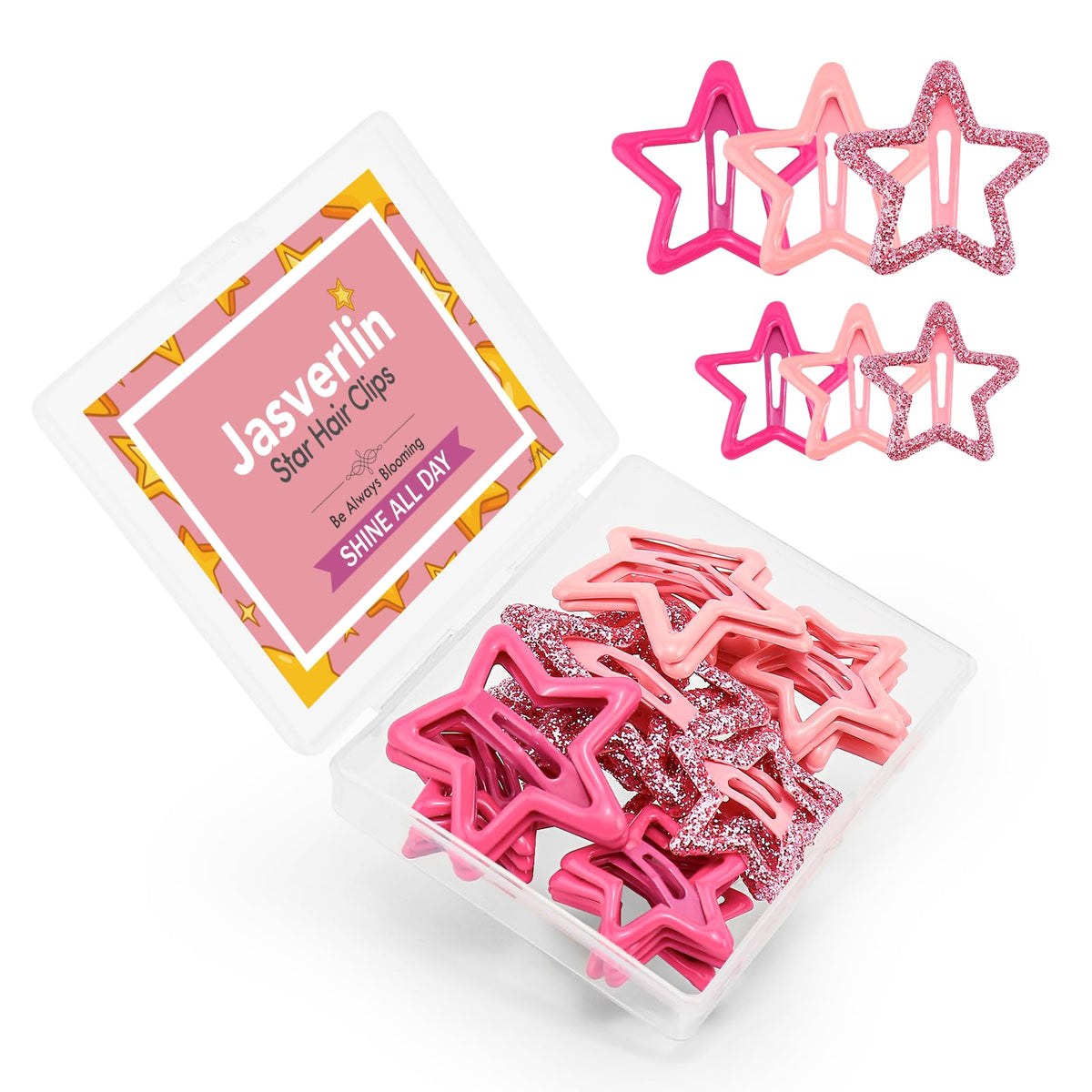 JASVERLIN front view of packaged 36-piece star clip set showing variety and portability