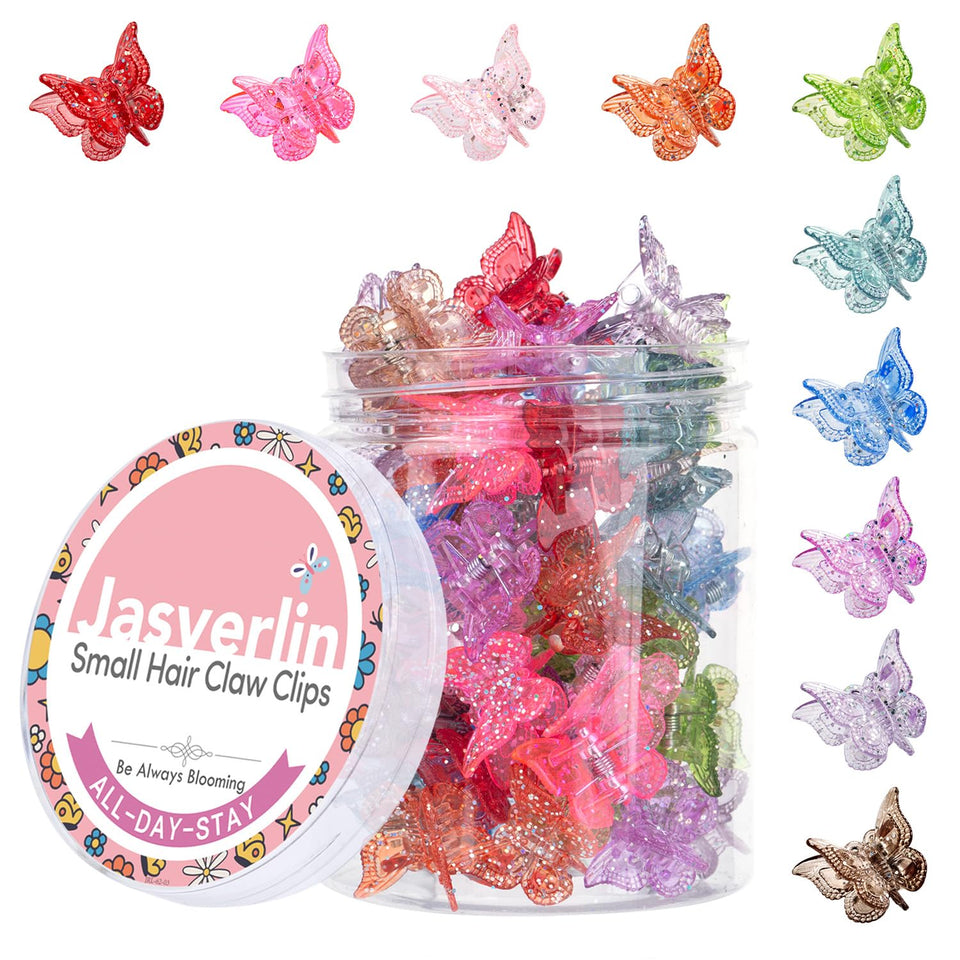 JASVERLIN front packaging showing set of 50 glitter butterfly clips, colorful styling benefit