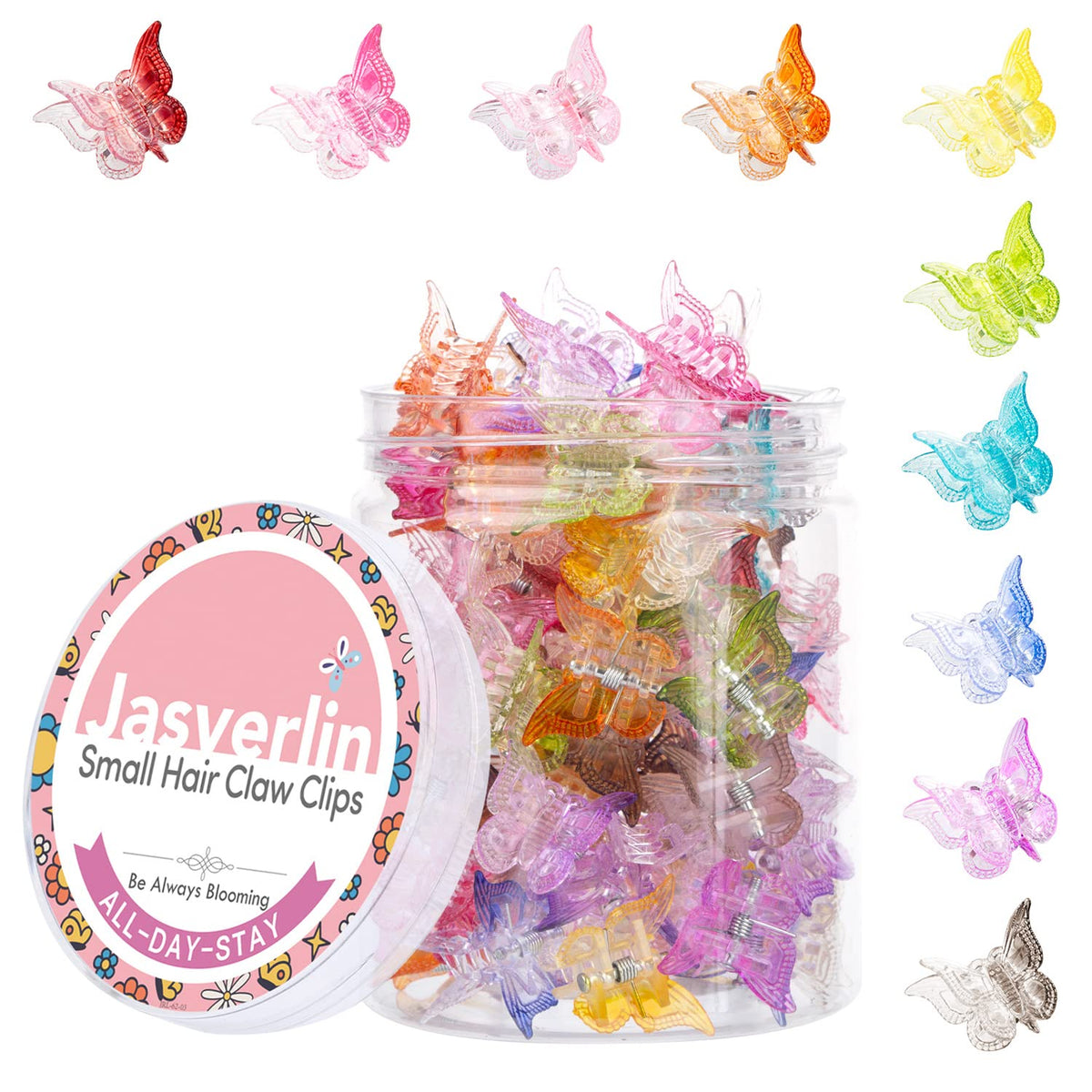 JASVERLIN front packaging showing 50 colorful butterfly mini clips, perfect for quick styling