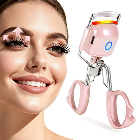 Javtoku front view of pink heated eyelash curler showing sleek design and controls for quick styling