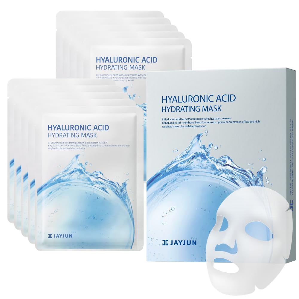 JAYJUN JJ front packaging of 10-sheet hyaluronic hydrating mask showing product benefit