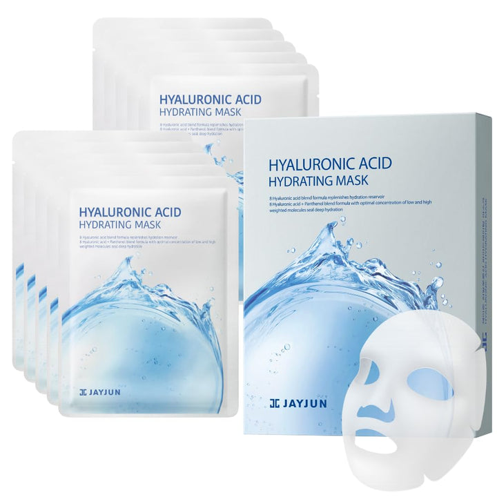 JAYJUN JJ front packaging of 10-sheet hyaluronic hydrating mask showing product benefit