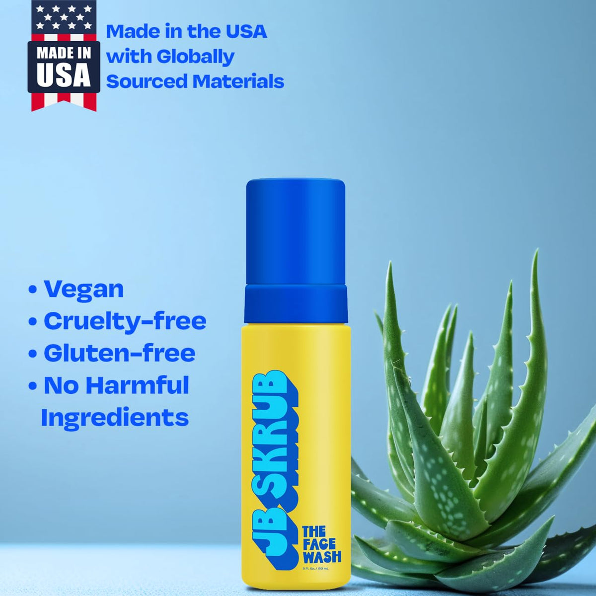 JB SKRUB next to hand for scale, illustrates travel-friendly 5 fl oz size