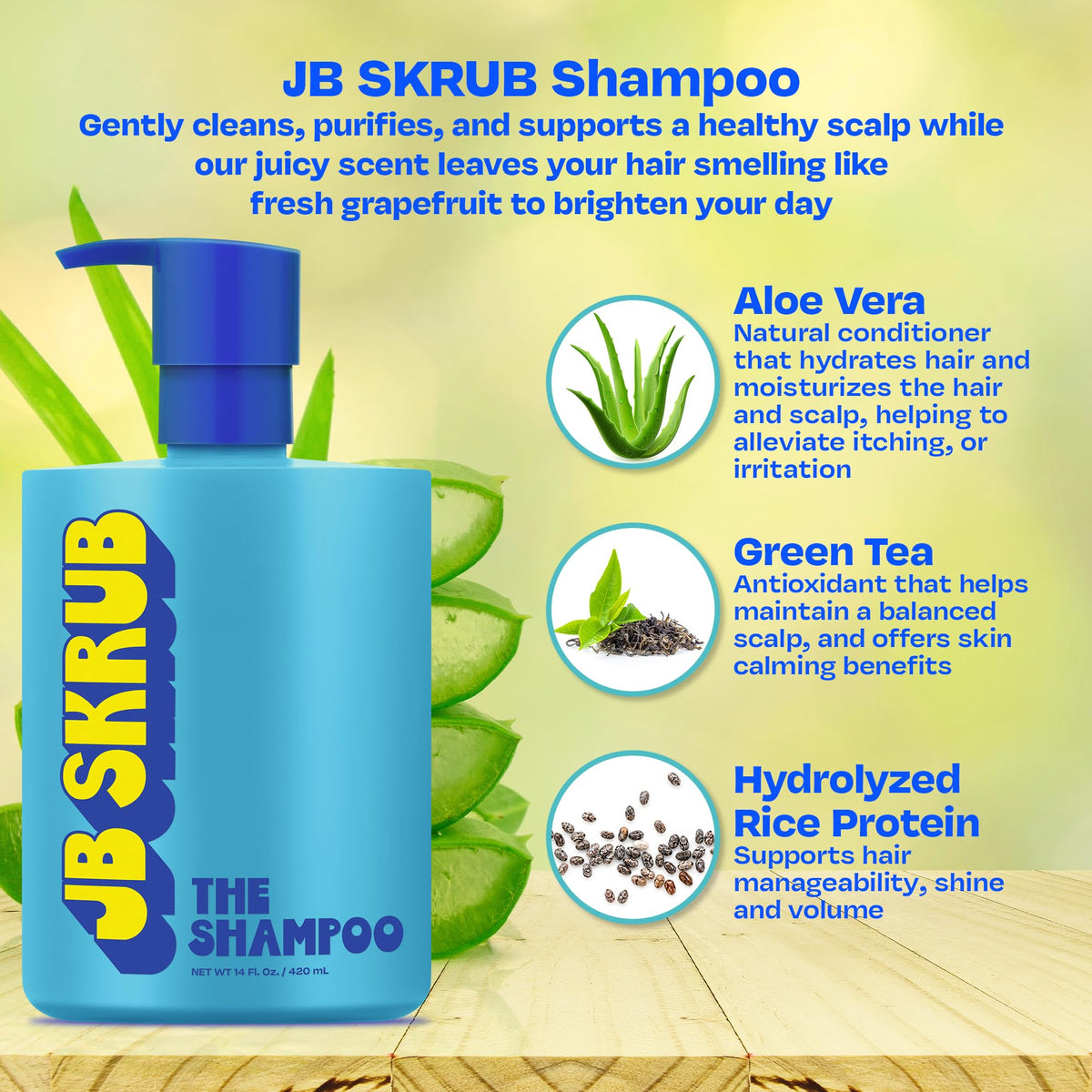 Aloe vera green tea and rice protein trio for JB SKRUB ingredient benefits