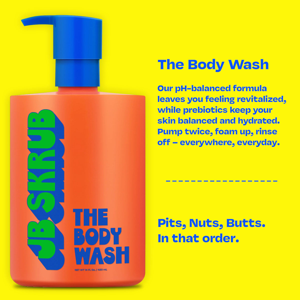 JB SKRUB pump and label close-up highlighting ingredient clarity benefit