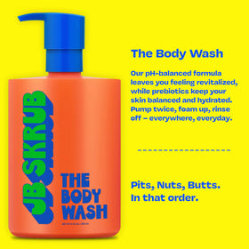 JB SKRUB pump and label close-up highlighting ingredient clarity benefit