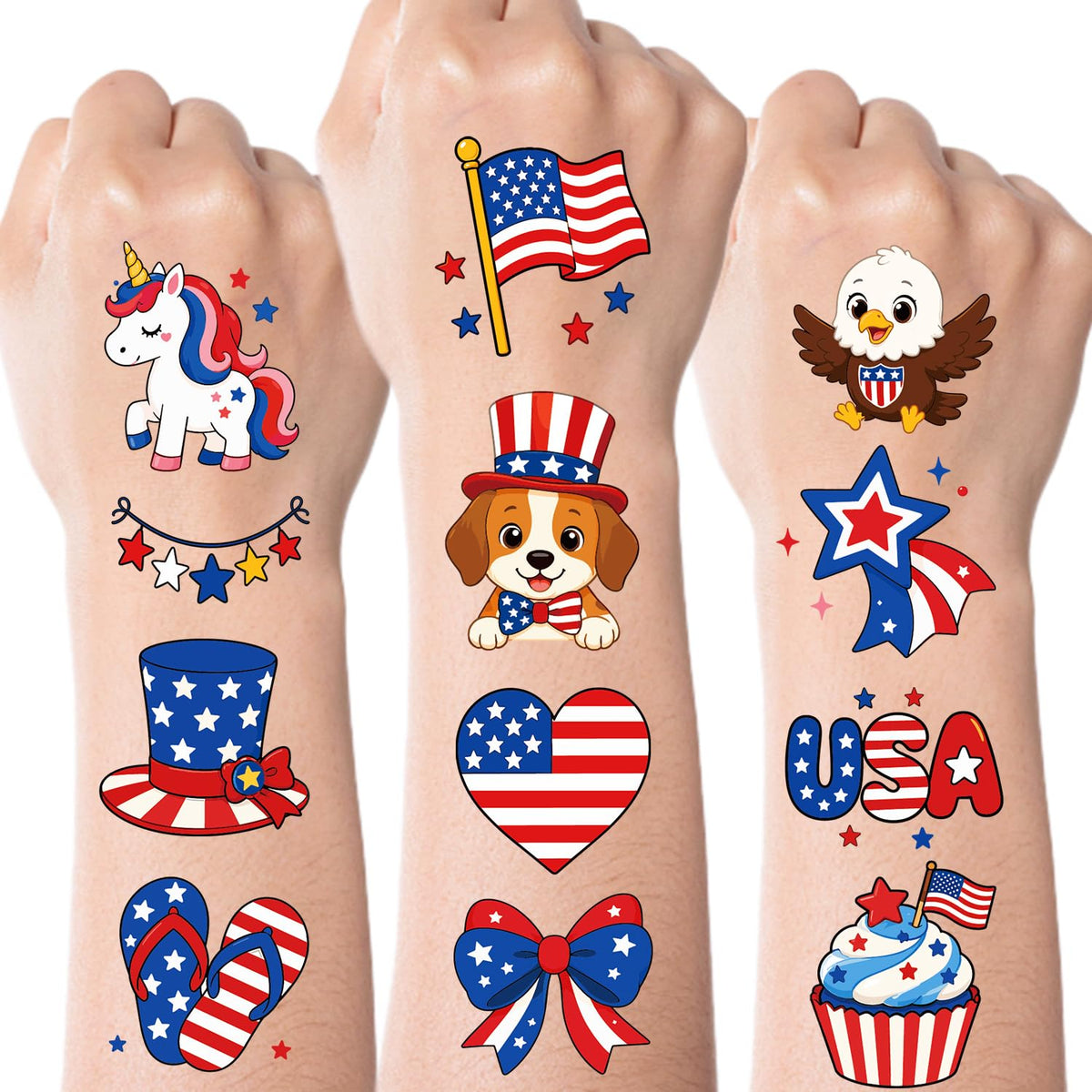 JCFIRE front sheet display showing patriotic tattoo variety and quick styling