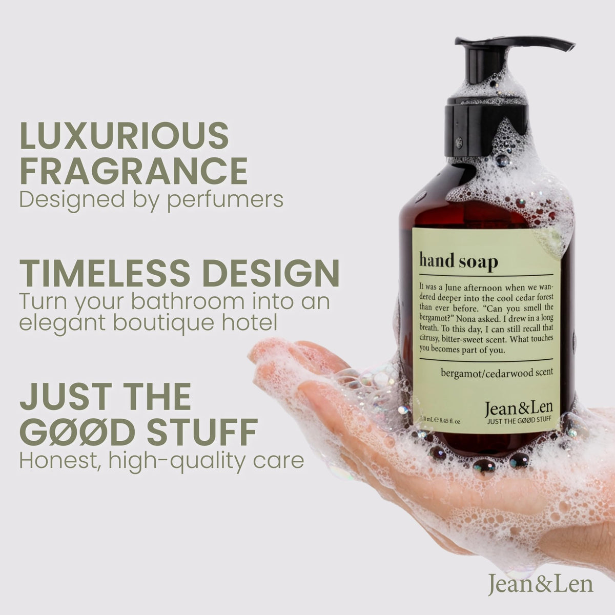 Jean & Len close-up label highlighting bergamot and cedarwood fragrance notes