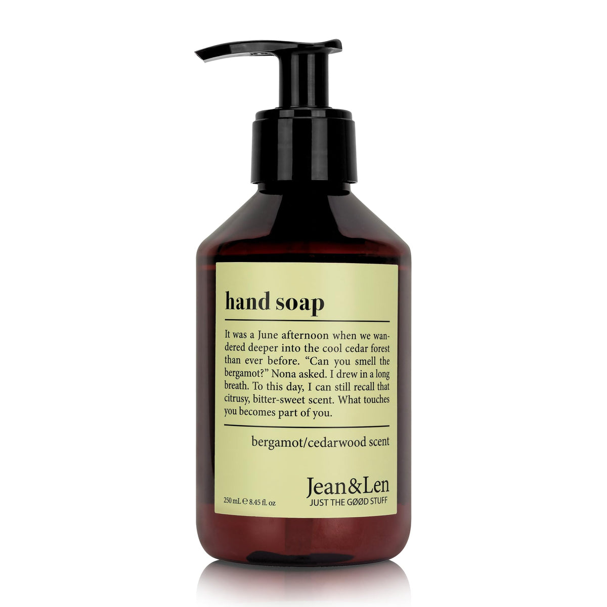 Jean & Len pump bottle front view showing elegant design and easy dispensing