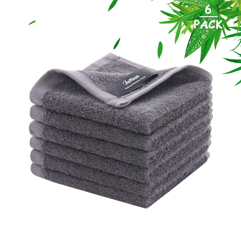 JEFFSUN front pack of six dark grey face wash cloths showing compact set and convenience