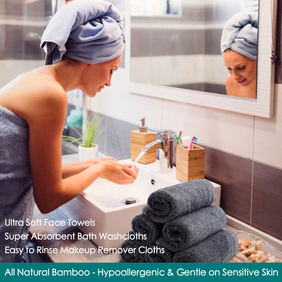 JEFFSUN washcloths arranged on bathroom counter in lifestyle scene suggesting daily use