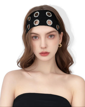 JENSVOIR front view of wide black grommet headband showing bold style and secure hold