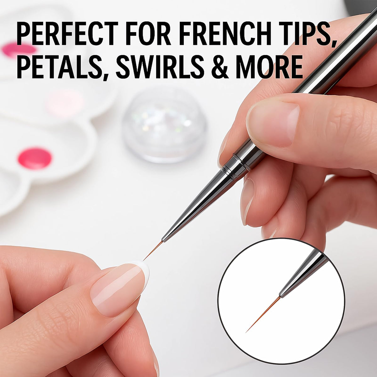JEONEKID brushes in use creating delicate nail art showing smooth striping benefit