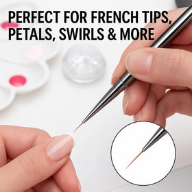 JEONEKID brushes in use creating delicate nail art showing smooth striping benefit