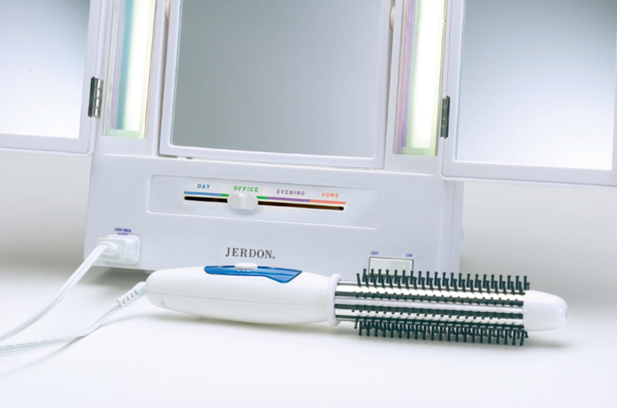 JERDON built-in outlet detail with plug showing easy power for styling tools
