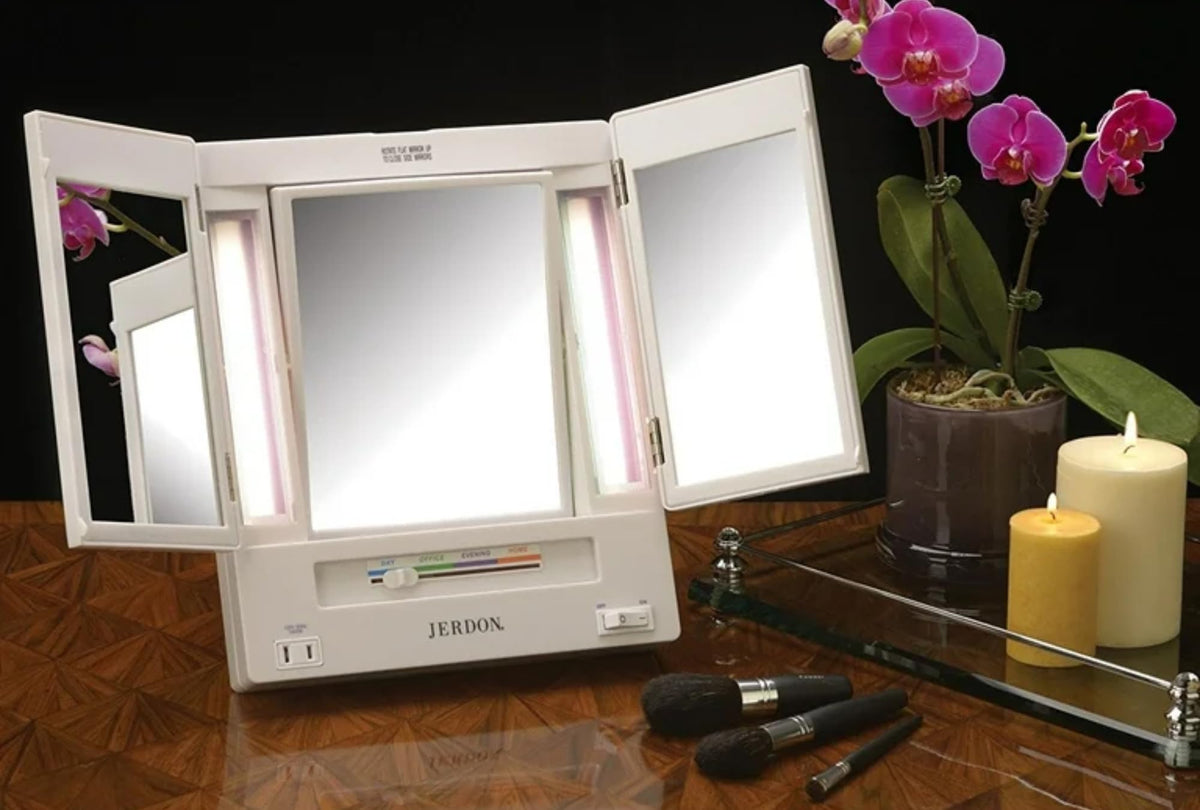JERDON mirror lit in evening mode showing warm light for natural-looking makeup